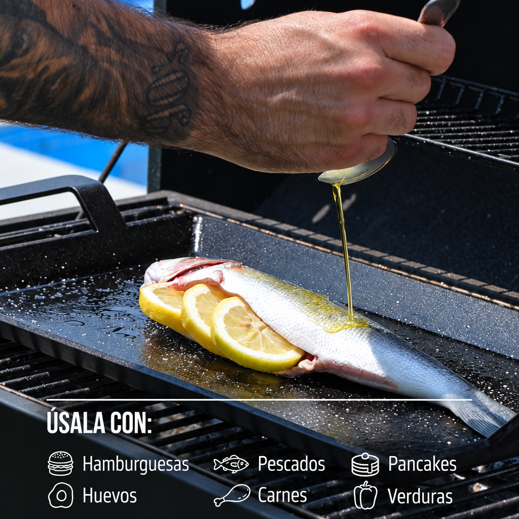 Plancha versatil pescado carne hamburguesas y verduras